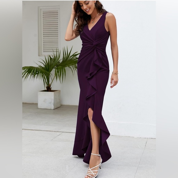 FQA Long Gowns Formal Dresses Evening Party Elegant V Neck Sleeveless Split Wrap - Picture 6 of 7
